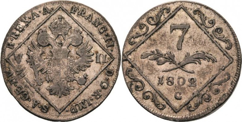 Habsburg
Franz II.(I.) 1792-1806 7 Kreuzer 1802, C-Prag Jaeger 116 Sehr schön