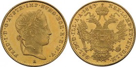 Kaiserreich Österreich
Ferdinand I. 1835-1848 Dukat 1843, A-Wien Jaeger 247 Schlumberger 267 Friedberg 481 GOLD. 3.48 g. Kl. Kratzer, vorzüglich-Stem...
