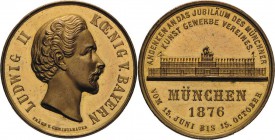 Bayern
Ludwig II. 1864-1886 Vergoldete Bronzemedaille 1876 (V. Christlbauer) Jubiläum des Münchner Kunstgewerbevereines. Kopf nach rechts / Ansicht d...