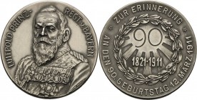 Bayern
Prinzregent Luitpold 1886-1912 Silbermedaille 1911 (M. Deschler) Auf seinen 90. Geburtstag. Brustbild mit großer Ordensdekoration halblinks / ...