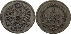 Brandenburg-Ansbach
Friedrich Wilhelm II. 1791-1797 Kreuzer 1792, S-Schwabach Slg. Wilmersdörffer 1152 Slg. Henckel 5364 Jaeger 203 a Slg. Grüber 488...