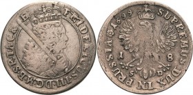 Brandenburg-Preußen
Friedrich III. 1688-1701 18 Gröscher 1699, SD-Königsberg Unterarm mit 4 Perlen v. Schrötter 752 e Neumann 12.28 Sehr schön