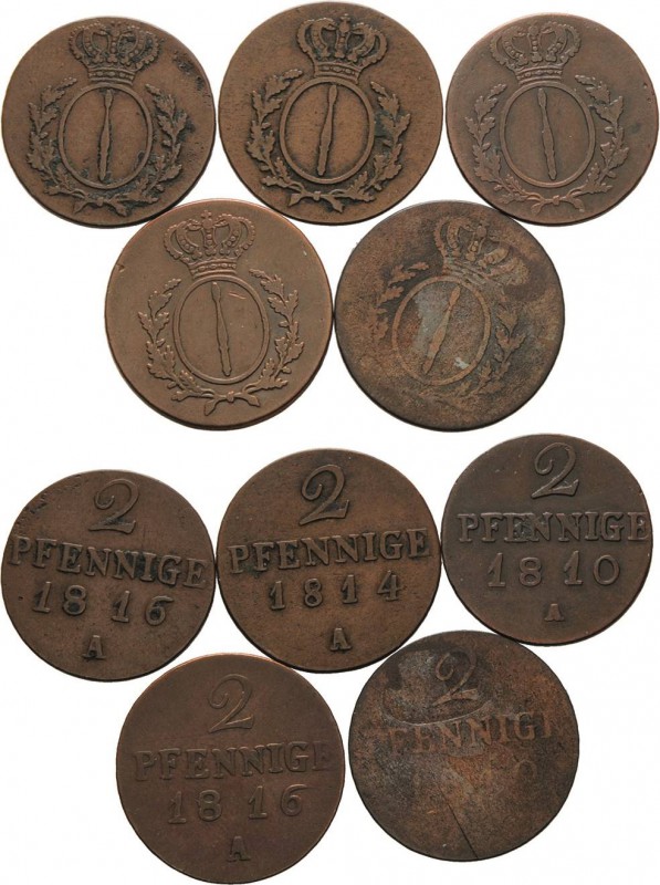 Brandenburg-Preußen
Friedrich Wilhelm III. 1797-1840 Lot - 5 x 2 Pfennig 1810-1...