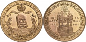 Brandenburg-Preußen
Wilhelm II. 1888-1918 Vergoldete Bronzemedaille 1897 (unsigniert) 100. Geburtstag von Wilhelm I. Brustbild nach halbrechts zwisch...