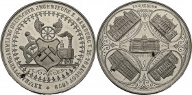 Hamburg
 Zinnmedaille 1879 (Bergmann) XX. Hauptversammlung Deutscher Ingenieure. Geflügeltes Rad über Schild, im Hintergrund Lokomotive und Messinstr...