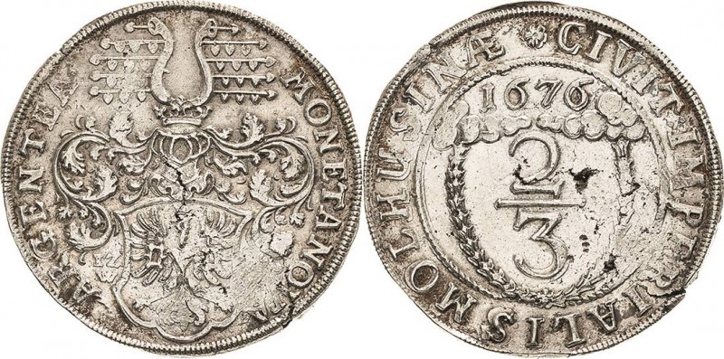 Mühlhausen
 2/3 Taler 1676. Behr 20 Davenport 688 Selten, Schrötlingsfehler, vo...