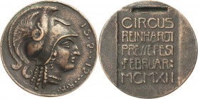 München
 Bronzegußmedaille 1912 (Richard Knecht) Pressefest des Circus Reinhardt. Kopf der Pallas Athene nach rechts / 5 Zeilen Schrift. 50,8 mm, 60,...