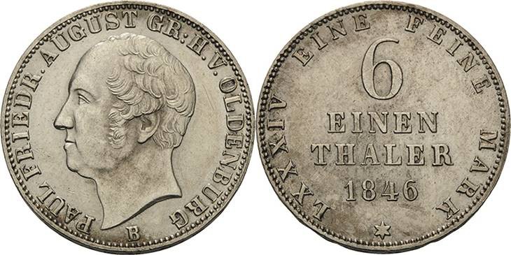Oldenburg
Paul Friedrich August 1829-1853 1/6 Taler 1846, B-Hannover AKS 10 Jae...