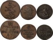 Reuss-Ältere Linie - Obergreiz
Heinrich XI. 1723-1800 2 Pfennige 1761. Heller 1769. 1/2 Pfennig 1775 Schmidt und Knab 235, 249, 253 3 Stück. Sehr sch...