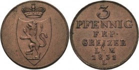 Reuss-Ältere Linie - Obergreiz
Heinrich XIX. 1817-1836 3 Pfennig 1831, L-Saalfeld 1. Ringprägung AKS 10 Jaeger 42 Schmidt und Knab 328 Vorzüglich