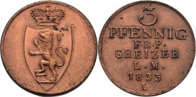 Reuss-Ältere Linie - Obergreiz
Heinrich XIX. 1817-1836 3 Pfennige 1833, L-Saalfeld AKS 10 Jaeger 42 Schmidt/Knab 330 Avers kl. Schrötlingsfehler, vor...