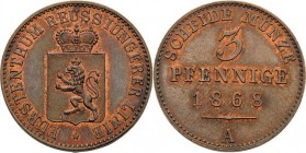 Reuss-Ältere Linie - Obergreiz
Heinrich XXII. 1859-1902 3 Pfennige 1868, A-Berlin AKS 17 Jaeger 48 Schmidt und Knab 340 Vorzüglich-prägefrisch