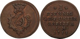 Reuss-Ältere Linie - Untergreiz
Heinrich III. 1733-1768 Pfennig 1752, Saalfeld Schmidt und Knab 370 Sehr schön-vorzüglich