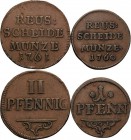 Reuss-Jüngere Linie - Lobenstein
Heinrich II. 1739-1782 Pfennig 1760 und 2 Pfennig 1761, Saalfeld Schmidt und Knab 580, 577 2 Stück. Sehr schön+