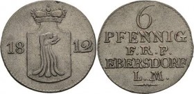 Reuss-Jüngere Linie - Ebersdorf
Heinrich LI. 1779-1822 6 Pfennig 1812, Saalfeld Schmidt und Knab 609 AKS 51 Jaeger 95 Selten. Fast vorzüglich