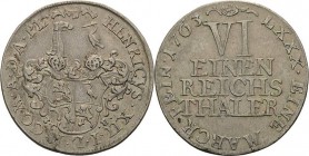 Reuss-Jüngere Linie - Schleiz
Heinrich XII. 1744-1784 1/6 Taler 1763, ICE-Saalfeld Schmidt und Knab 525 Jaeger 113 Sehr schön-vorzüglich