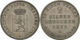 Reuss-Jüngere Linie - Schleiz
Heinrich LXVII. 1854-1867 2 Silbergroschen 1855, A-Berlin AKS 37 Jaeger 132 Schmidt und Knab 557 Sehr schön-vorzüglich...
