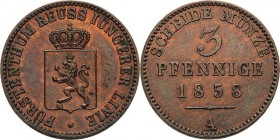 Reuss-Jüngere Linie - Schleiz
Heinrich LXVII. 1854-1867 3 Pfennige 1858, A-Berlin Jaeger 130 AKS 39 Schmidt und Knab 562 Prachtvolles Exemplar. Präge...