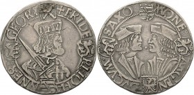 Sachsen-Kurlinie ab 1486 bis 1547 (Ernestiner)
Friedrich III., Johann und Georg 1507-1525 Guldengroschen o.J. Avers Kreuz-Annaberg Klappmützentaler. ...