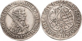 Sachsen-Kurlinie ab 1547 (Albertiner)
Johann Georg II. 1656-1680 1/4 Taler 1666, CR-Dresden C/K 420 Kohl 240 Kl. Henkelspur, sehr schön+