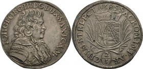 Sachsen-Kurlinie ab 1547 (Albertiner)
Johann Georg III. 1680-1691 2/3 Taler 1685, CF-Dresden C/K 588 Davenport 808 Kohl 280 Vorzüglich