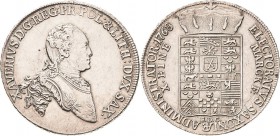Sachsen-Kurlinie ab 1547 (Albertiner)
Xaver 1763-1768 Taler 1768, EDC-Dresden Kahnt 1021 Buck 56 Schnee 1055 Davenport 2678 Kl. Henkelspur, fein zapo...