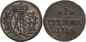 Sachsen-Kurlinie ab 1547 (Albertiner)
Friedrich August III. 1763-1806 Pfennig 1765, C-Dresden Kahnt 1138 Buck 119 Vorzüglich-Stempelglanz
