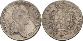 Sachsen-Kurlinie ab 1547 (Albertiner)
Friedrich August III. 1763-1806 1/3 Taler 1788, IEC-Dresden Kahnt 1113 Buck 152 a Schrötlingsfehler, vorzüglich...