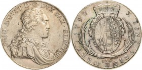 Sachsen-Kurlinie ab 1547 (Albertiner)
Friedrich August III. 1763-1806 Taler 1799, IEC-Dresden Kahnt 1089 Buck 198 f Davenport 2701 Kl. Schrötlingsfeh...