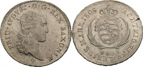 Sachsen-Kurlinie ab 1547 (Albertiner)
Friedrich August I. 1806-1827 1/6 Taler 1808, SGH-Dresden Kahnt 1235 AKS 37 Jaeger 9 fast Prägefrisch