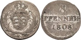 Sachsen-Kurlinie ab 1547 (Albertiner)
Friedrich August I. 1806-1827 8 Pfennig 1808, H-Grünthal Kahnt 1246 AKS 45 Jaeger 7 Sehr schön
