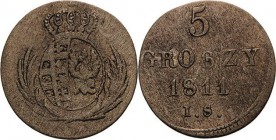 Sachsen-Kurlinie ab 1547 (Albertiner)
Friedrich August I. 1806-1827 5 Groszy 1811, IS-Warschau Kahnt 1274 AKS 198 Jaeger 203 Kopicki 3683 (R3) Gumows...