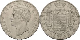 Sachsen-Kurlinie ab 1547 (Albertiner)
Johann 1854-1873 Taler 1854, F-Dresden AKS 128 Jaeger 97 Kahnt 458 Davenport 883 Sehr schön-vorzüglich