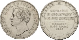 Sachsen-Kurlinie ab 1547 (Albertiner)
Johann 1854-1873 Taler 1855, F-Dresden Münzbesuch AKS 156 Jaeger 99 Kahnt 460 Davenport 885 Fast vorzüglich