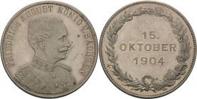 Sachsen-Kurlinie ab 1547 (Albertiner)
Friedrich August III. 1904-1918 Silbermedaille 1904 (unsigniert) Auf die Thronbesteigung am 15. Oktober. Brustb...