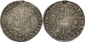 Sachsen-Coburg und Eisenach 1573-1638
Johann Casimir und Johann Ernst 1572-1633 1/4 Taler 1603, liegendes B mit Eichel-Saalfeld KOR 134 Grasser 104 S...