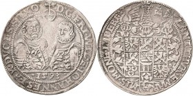 Sachsen-Weimar (Alt-Weimar) 1572-1603
Friedrich Wilhelm und Johann 1573-1603 1/2 Taler 1593, B mit Eichel-Saalfeld Koppe 80 Slg. Merseburger 3753 Seh...