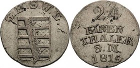 Sachsen-Weimar-Eisenach
Carl August 1775-1828 1/24 Taler 1815, Eisenach AKS 5 Jaeger 517 Kl. Schrötlingsfehler, sehr schön-vorzüglich