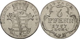 Sachsen-Gotha (Gotha-Altenburg)
Friedrich III. 1732-1772 6 Pfennig 1757, LCK-Gotha Steguweit 248 Slg. Merseburger 3260 Prachtvolles Exemplar. Stempel...