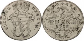 Sachsen-Gotha (Gotha-Altenburg)
Friedrich III. 1732-1772 6 Pfennig 1758, LCK-Gotha Steguweit 248 Slg. Merseburger 3260 Kl. Flecke, Stempelglanz