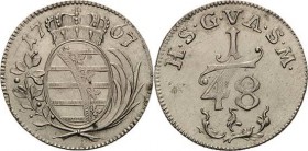 Sachsen-Gotha (Gotha-Altenburg)
Friedrich III. 1732-1772 1/48 Taler 1767, Kranich-Gotha Steguweit 269 Slg. Merseburger 3261 Prachtvolles Exemplar. Vo...