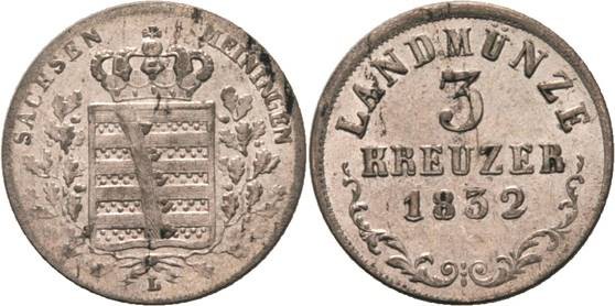 Sachsen-Meiningen
Bernhard Erich Freund 1803-1866 3 Kreuzer 1832, L-Saalfeld AK...