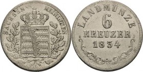 Sachsen-Meiningen
Bernhard Erich Freund 1803-1866 6 Kreuzer 1834, L-Saalfeld AKS 194 Jaeger 422 Kl. Schrötlingsfehler, fast vorzüglich