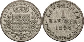 Sachsen-Meiningen
Bernhard Erich Freund 1803-1866 Kreuzer 1836, K-Saalfeld AKS 200 Jaeger 420 Min. Schrötlingsfehler, vorzüglich-Stempelglanz/vorzügl...