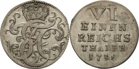 Sachsen-Hildburghausen
Ernst Friedrich III. Carl 1745-1780 1/6 Taler 1758, Hildburghausen Kriegsprägung Hollmann 59 Vorzüglich