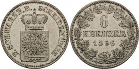Schwarzburg-Rudolstadt
Friedrich Günther 1807-1867 6 Kreuzer 1866, München AKS 23 Jaeger 52 Vorzüglich-Stempelglanz