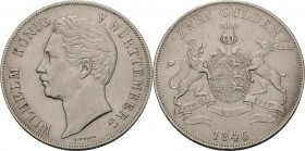 Württemberg
Wilhelm I. 1816-1864 Doppelgulden 1846, Stuttgart AKS 76 Jaeger 72 Kahnt 589 Davenport 957 Klein/Raff 91.1 Sehr schön+