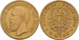 Baden
Friedrich I. 1856-1907 5 Mark 1877 G Jaeger 185 Fassungsspuren, fast sehr schön/sehr schön