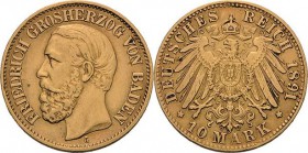 Baden
Friedrich I. 1856-1907 10 Mark 1881 G Jaeger 188 Min. Fassungsspuren, sehr schön