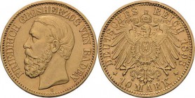 Baden
Friedrich I. 1856-1907 10 Mark 1893 G Jaeger 188 Leichte Fassungsspuren, sehr schön+